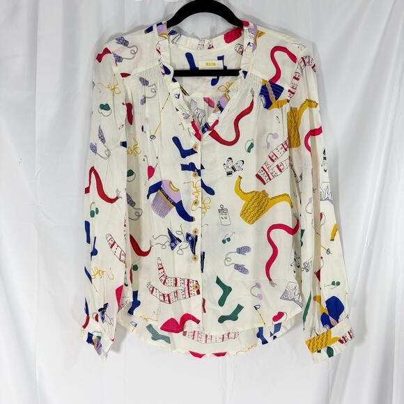 Anthropologie Maeve Marisol Ruffled Blouse 6P Ski Print Button Front snow - Picture 2 of 7